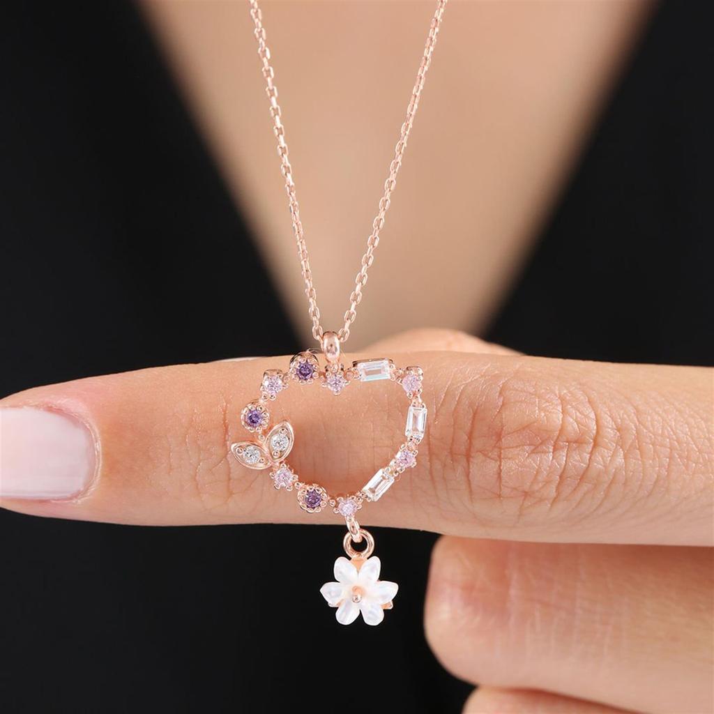 Magnolia Flower Mix Stone Heart Bead Rose Color Flowers Silver Necklace