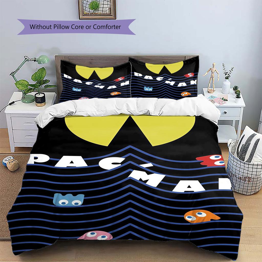 GAME Pac‑Man Pattern Bedding Home Decoration Birthday Gift ( 1 duvet cover + 2 pillowcase, without core),fan merchandise.