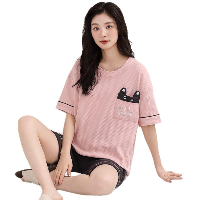 Пижама женская из чистого хлопка с короткими рукавами, студенческий пуловер с рисунком из хлопка, корейская версия, женская домашняя одежда