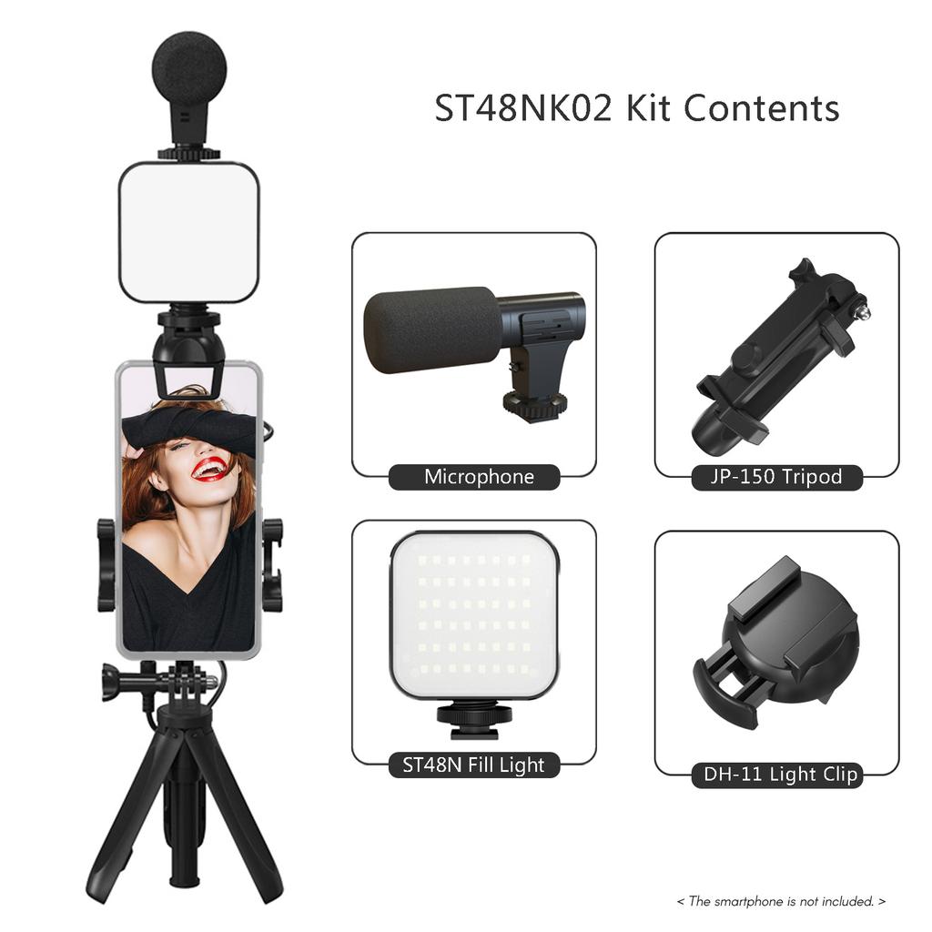 Smartphone Vlogging Kit Tripod Phone Holder + Microphone + Video Light + Clip + 3.5mm TRS to TRRS Audio Cable for Live