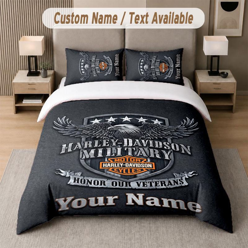 Custom Bedding Set Harley-Davidson Pattern, Print Name Text 1 Duvet Cover plus 2 Pillowcases Home Textile