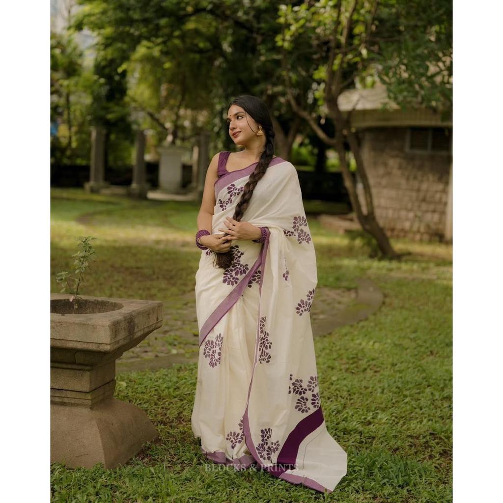 Льняное сари с серебряной каймой джари