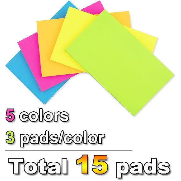 (15 Pads) Sticky Notes 3x5 in Bright Stickies Colorful Super Sticking Power Memo Pads Strong Adhesive