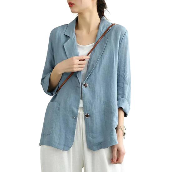 Cotton Linen Coat for Women Vintage Long Sleeve Blazer Jacket Casual Lapel 2 Buttons Thin
