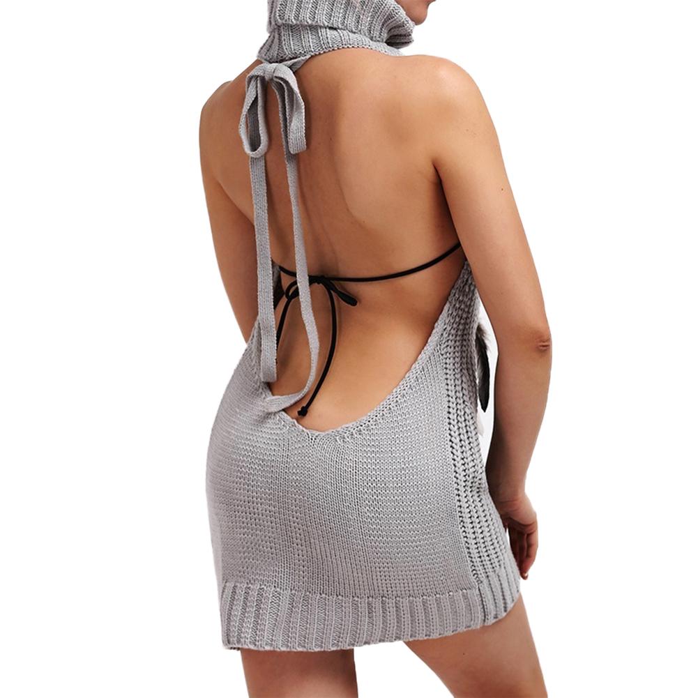 Women Sexy Backless Sleeveless Turtleneck Pullover Knit Sweater Cosplay Dress