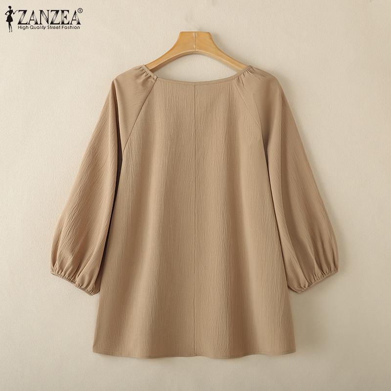 ZANZEA Женская повседневная однотонная блузка с круглым вырезом и рукавом 3/4