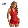 Red Bodycon Dress Women Sexy Lace Mini Dress, Halter Neck Backless Stretchy Sheer Mesh See Through Sleeveless Christmas Outfit Slim Fit