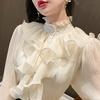 Элегантная весенняя новая шифоновая рубашка с рюшами и воротником-стойкой, однотонные женские блузки, черные рубашки, кардиган