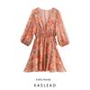 Kaslead New Women Clothes Western Style Fashion Flower Print Buckle V-neck Lantern Sleeve Short Dress