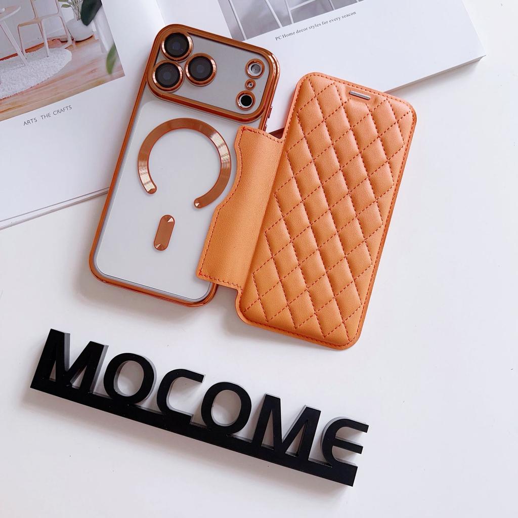 Применимо к iPhone17 магнитный чехол для мобильного телефона ромбовидный книжка с держателем для карт кожаный чехол 17pro гальванический 17 противоударный защитный чехол
