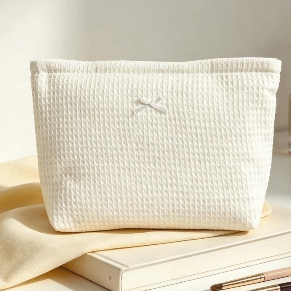 Bow Decor Cosmetic Bag Zipper Toiletry Organizer Sweet Waffle Knit Makeup Bag Travel