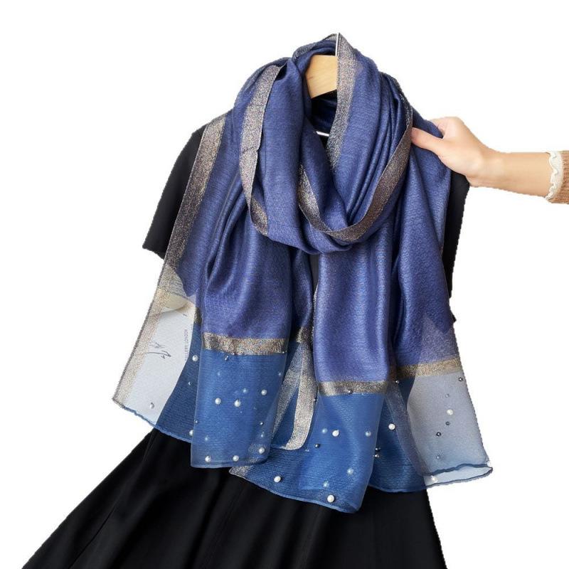 Новый однотонный шелковый шарф с жемчужным узором для женщин на весну и лето, европейский и американский искусственный шелк, тонкая шаль, длинный шарф