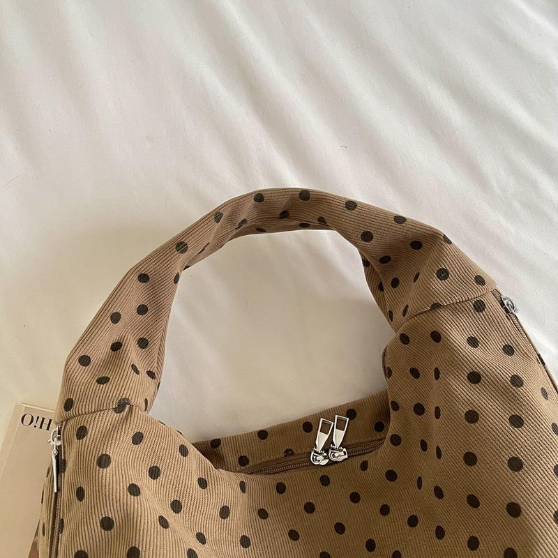 Women Polka Dot Hobo Bag Casual Shoulder Handbag with Multi Zipper Pockets Corduroy Bag