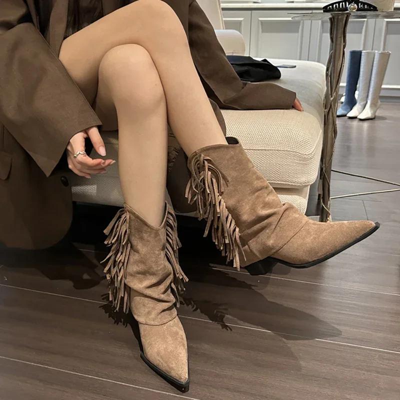 Vintage Square Heel Women Western Cowgirl Boots Fashion Slip On Shoes Autumn Winter Ladies Tassels Short Booties