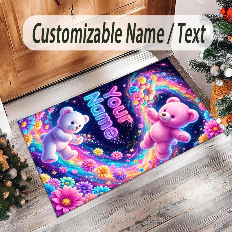 Teddy Bear Theme Crystal Velvet Rug Personalized Custom Name Text Soft Floor Mat Home Decor