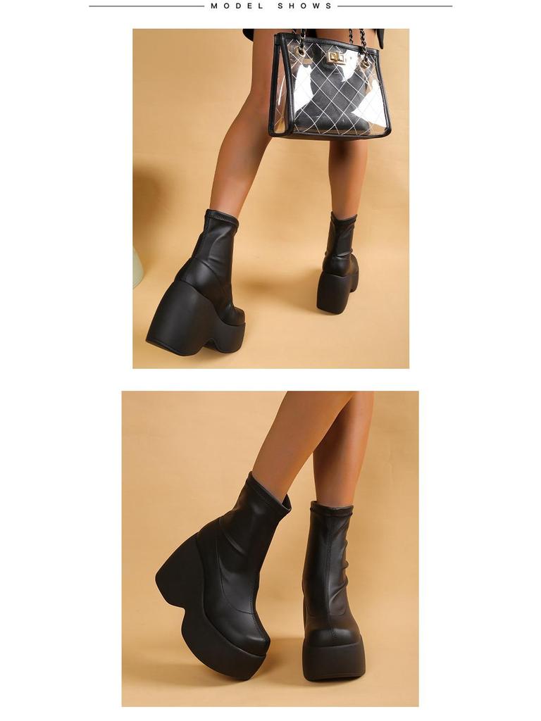 2022 Ботильоны на толстой платформе, клиновидном каблуке, с квадратным носком из кожи