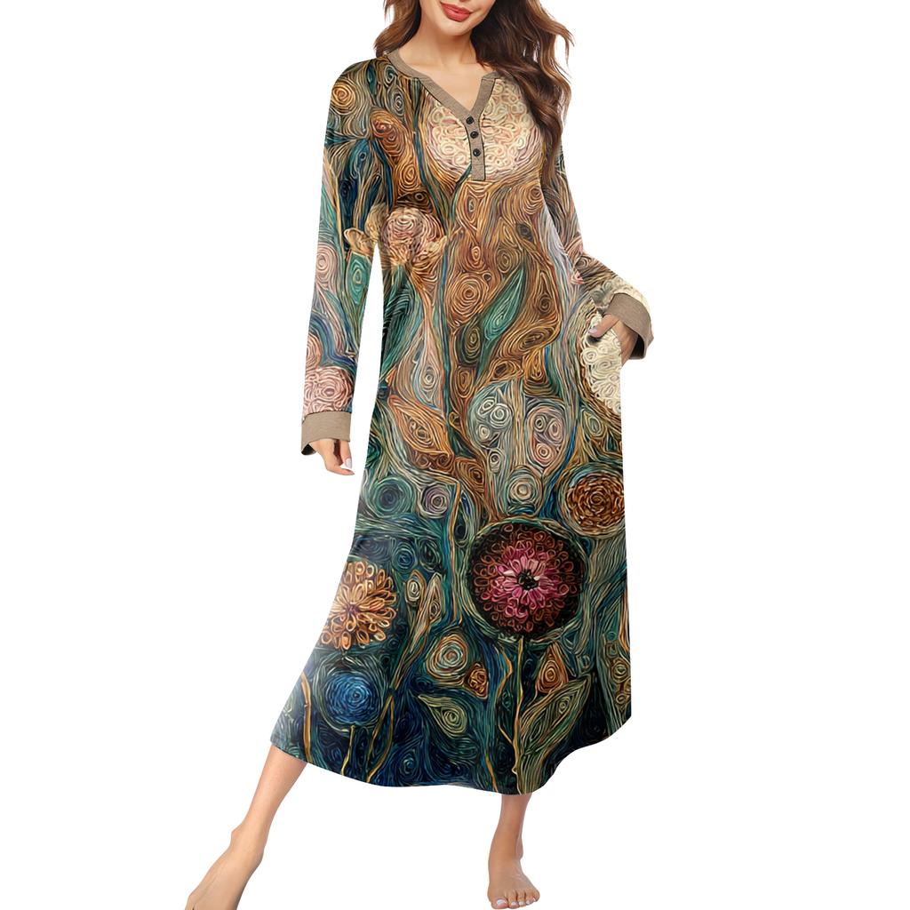 Женская ночная сорочка длинная домашняя одежда с V-образным вырезом и карманами