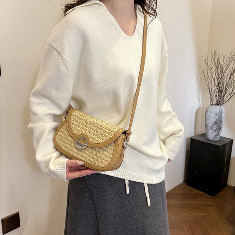 Summer Straw Bag Women's New Trendy Woven Saddle Bag Simple Style Versatile Shoulder Crossbody Beach Bag KTB