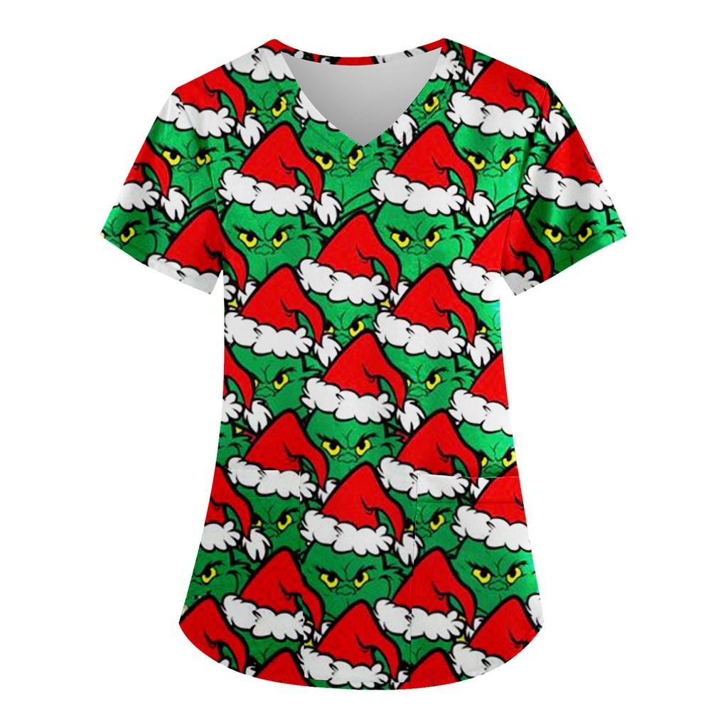 Женские модные топы с короткими рукавами и V-образным вырезом с принтом, рабочие футболки с карманами