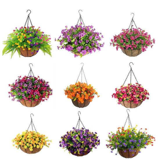 Искусственные висячие цветы с корзиной Искусственные шелковые цветы на кокосовой подкладке Корзина Искусственная висячая фиолетовая петуния для весеннего садового крыльца