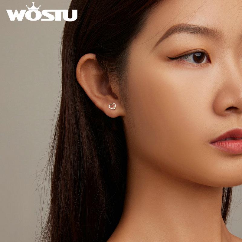 WOSTU 925 Sterling Silver Simple Hollow Heart Earrings For Women European Minimalism Ear Cuff Studs Piercing Drop Dangle Earring
