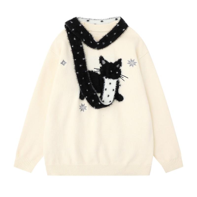 Unisex Oversized Knit Sweater With Detachable Scarf Snowflake Embroidery Acrylic Blend Retro Style Fall
