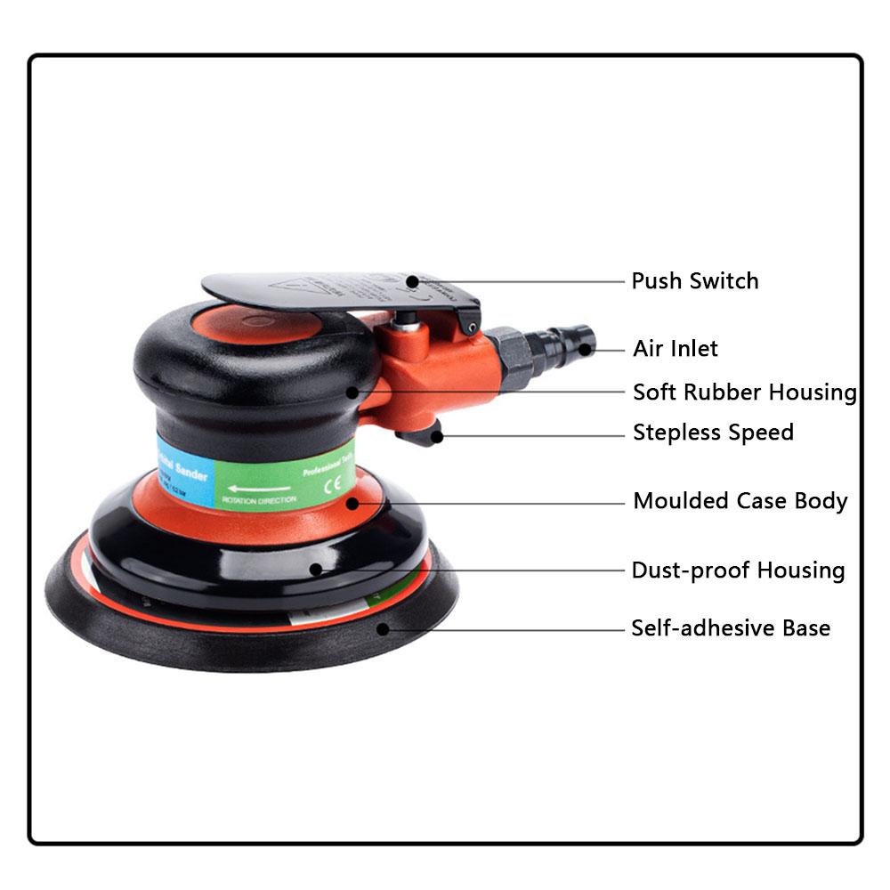 Pneumatic Sander 5 Inch Polishing Sanding Waxing for Car Wall Wood Paint and Rust Removal Black
