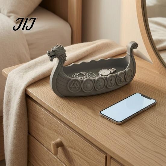 Resin Entryway Key Tray Dragon Boat Storage Case, Decorative Space Saving Desktop Jewelry Bowl Organizer, Matte Finish Sculpture for Home Office