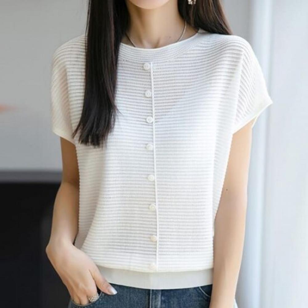 Navava Women Simple Button Point Cap Sleeve Knit Tee Nk2992