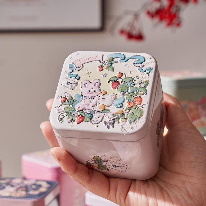 1 шт. Квадратная жестяная коробка с рельефным рисунком кролика, жестяная банка для хранения, контейнер для конфет, печенья, чая, многоразовая, герметичная, подарочная коробка для дома и кухни