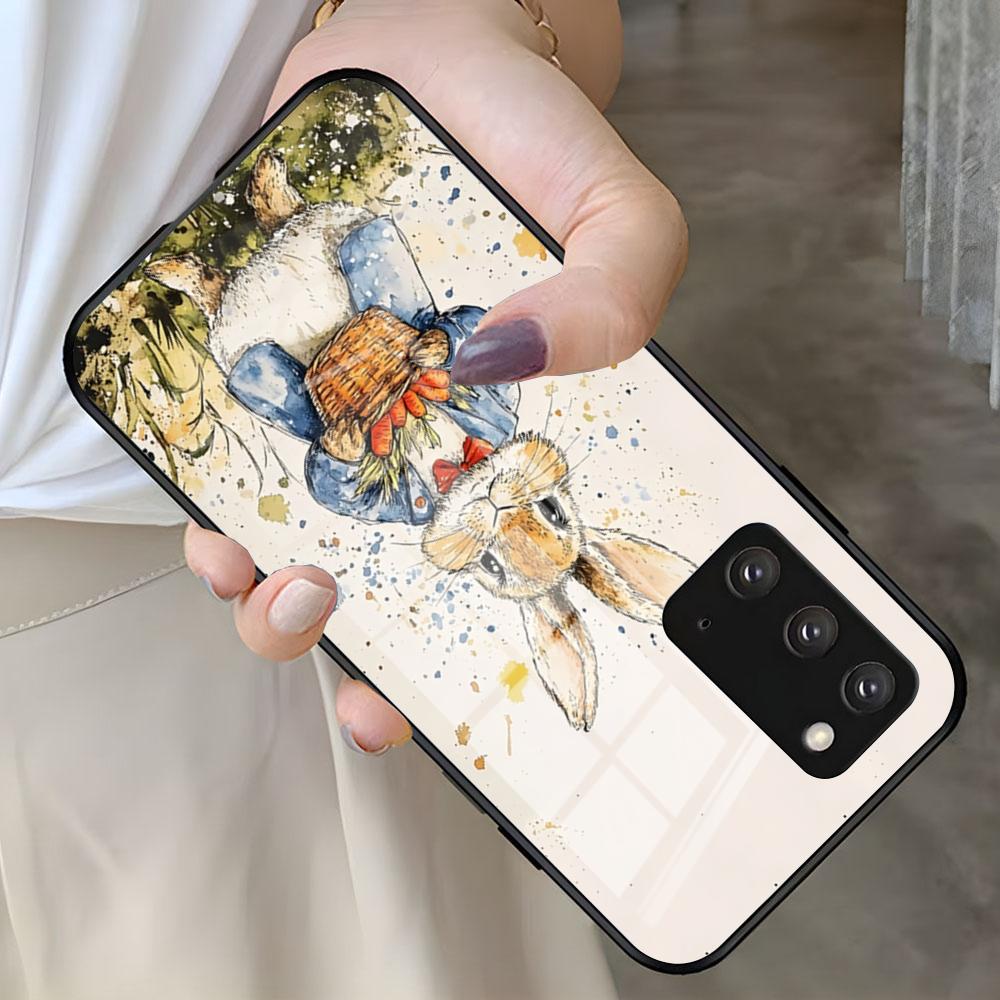 Милый Чехол для Телефона с Кроликом P-PeterS Для Samsung S26 S25 S24 FE S23 S22 S21 Plus S20 Ultra Note20Ultra Черная Стеклянная Крышка
