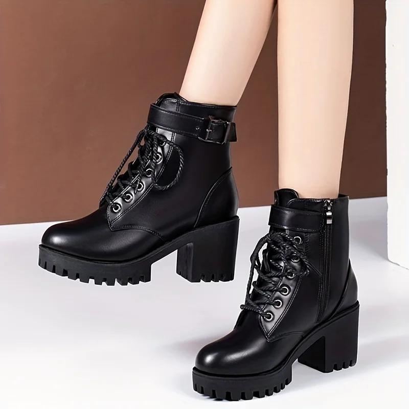 Women'S Solid Chunky Heel Boots Fashion Lace Up Shoes For Women Side Zipper Boots Stylish Buckle Strap Detailed Ankle Boots