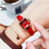 Square Leather Perfect Gift for High School Students Women's Wristwatch, Small, Stylish, Waterproof, Strap, Simple, Cute, Casual, Red,