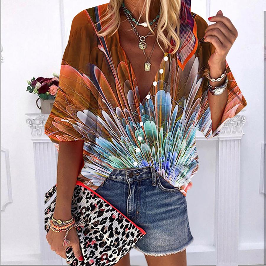 2023 Лето-Осень Новые модные женские топы с синими лепестками и принтом с половиной рукавом, повседневная рубашка больших размеров на пуговицах с объемными рукавами