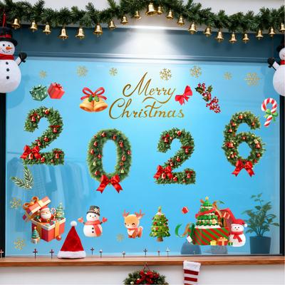 Стеклянные электростатические наклейки на Рождество | 2026 Новый год Зеленая хвоя Наклейки на окна Бант Декор для вечеринки Праздничные принадлежности