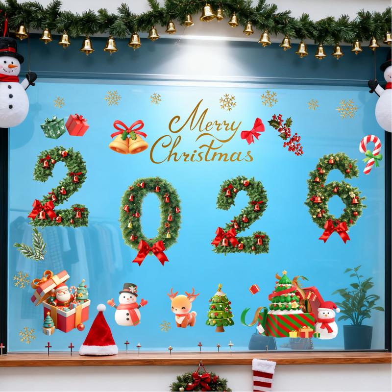 Стеклянные электростатические наклейки на Рождество | 2026 Новый год Зеленая хвоя Наклейки на окна Бант Декор для вечеринки Праздничные принадлежности