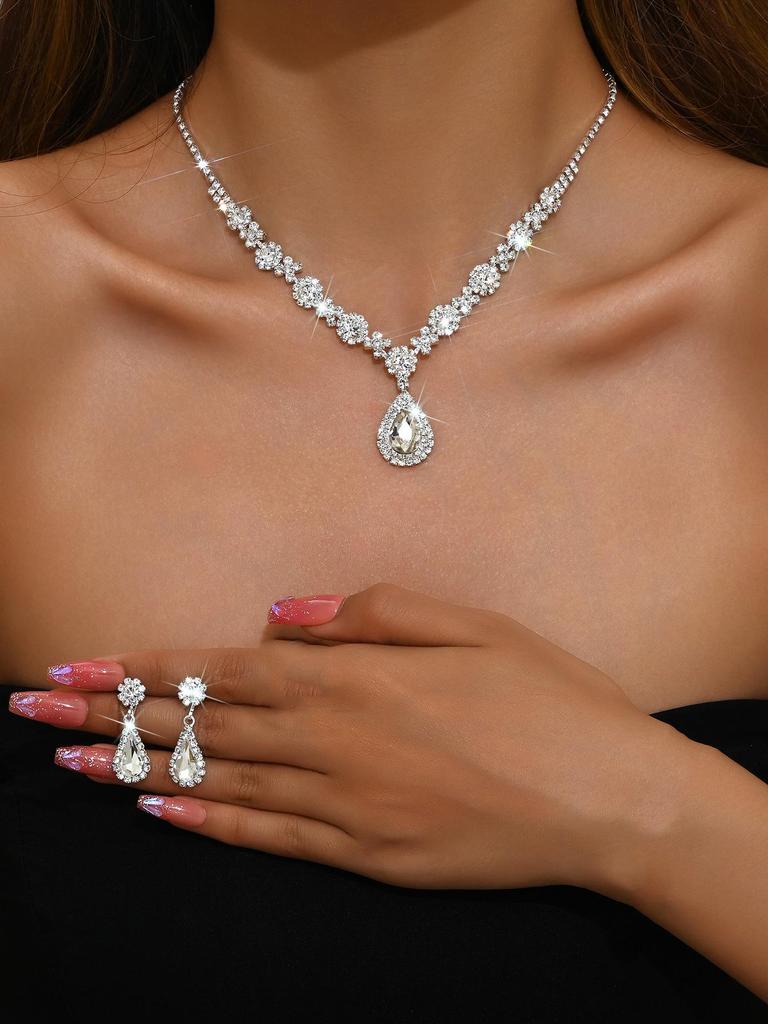 Элегантный комплект украшений из хрустальных драгоценных камней: Ожерелье, серьги, браслет и кольцо в форме капли для женщин