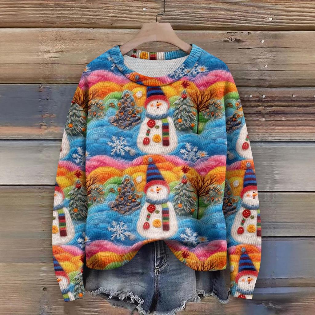 Long Sleeve Pullover Sweaters For Women O Neck Casual Cute Printing Knit Oversized Sweater