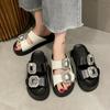 2024 Rhinestone Shoes Womens High Heel Platform Sandals Double Buckle Strap Slippers Womens Leather Beach Fashion Black Slippers