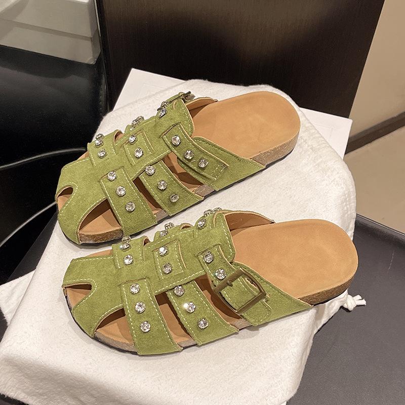 Ретро женские шлепанцы с толстой подошвой и закрытым носком, летние сандалии на плоской подошве с перфорацией, ленивые шлепанцы
