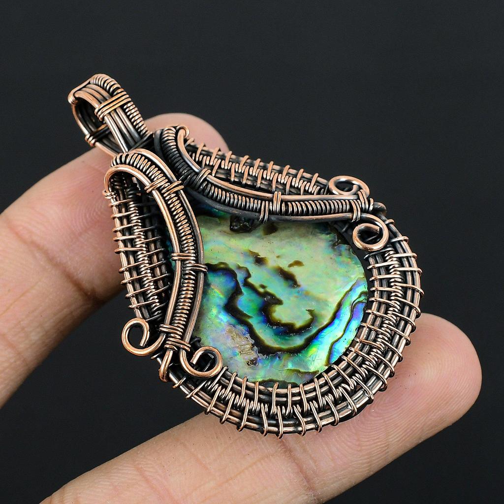 Abalone Shell Pendant, Handmade Gemstone Pendant, 999 Copper Wire Wrapped Pendant Antique Jewelry, For Engagement Gift