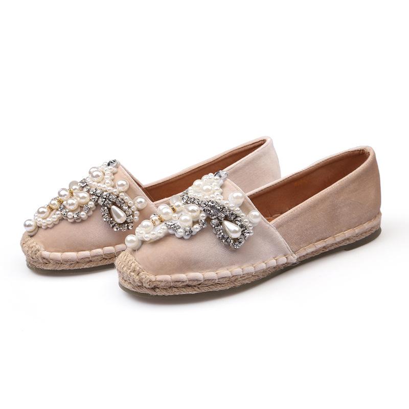 Pearl Beading Espadrilles Shoes Woman 42 43 Big Size Straw Flats Crystal Flower Loafers Women Fisherman Creepers Moccasins