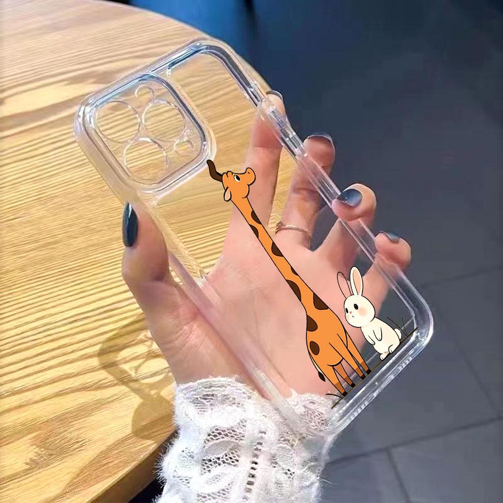 Милый Чехол для Телефона с Мультяшными Жирафом и Кроликом для IPhone 14 15 16 17 13 12 11 Pro Max Plus 12 13 Mini Защитный Чехол из ТПУ