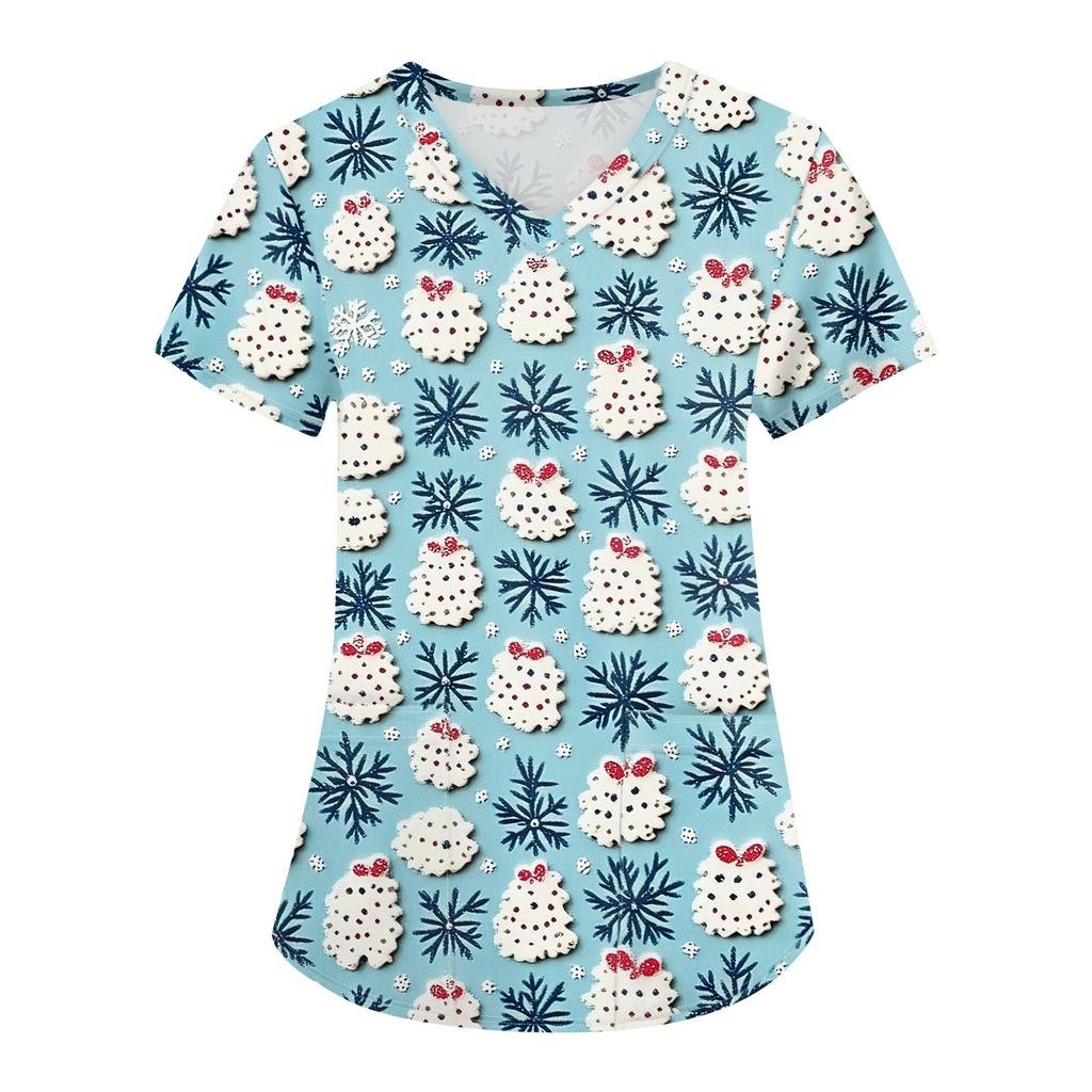 Женская мода с v-образным вырезом, короткими рукавами и карманами, топы с рождественским принтом