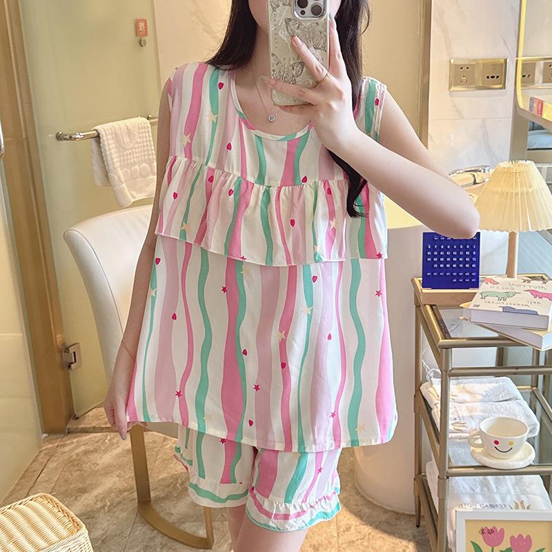 Anti-bumping pajamas women's summer ultra-thin cotton and silk summer vest shorts sleeveless set cool cotton silk loungewear