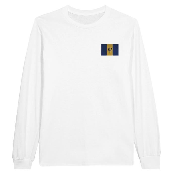 T-shirt à manches longues - Drapeau de la Barbade - Blanc - 100% coton - Coupe classique - Mixte