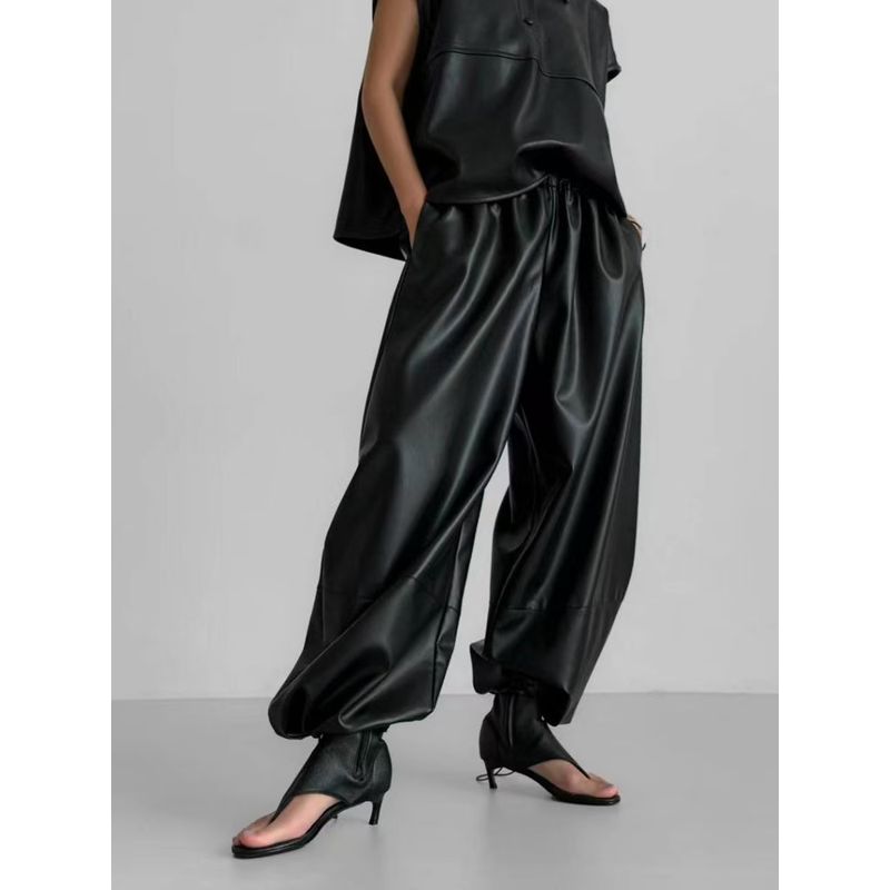 Модный стиль Брюки-шаровары с кулиской на щиколотке Свободные кожаные брюки Брюки из ПУ-кожи Свободные брюки из ПУ-кожи