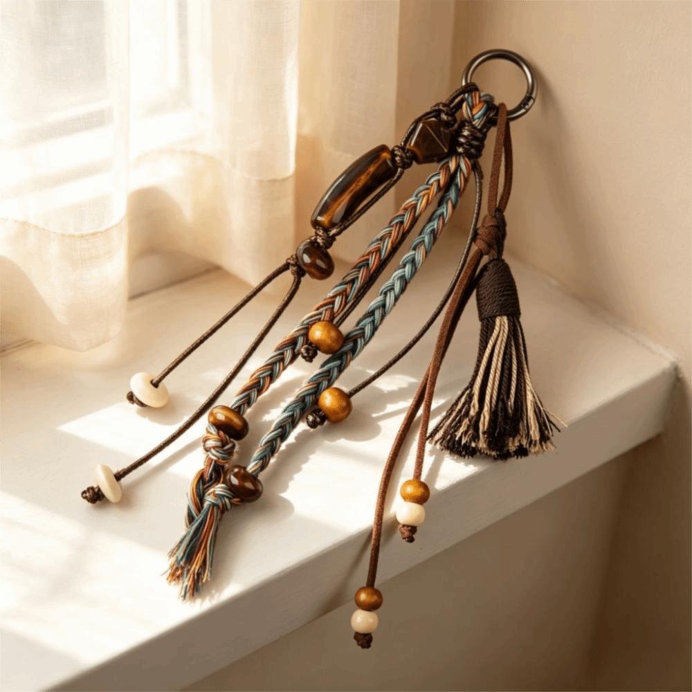 Handwoven Bag Hanging Decor Beaded Handwoven Rope Lanyard Tassel Handwoven Rope Keychain Casual