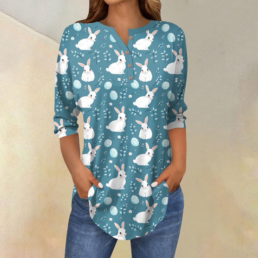 Women's 3/4 Sleeve Easter Egg Bunny Print Button Collar Fashion Casual Top