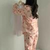 Пижама для женщин, атласная пижама с длинными рукавами, пижамный комплект, цветочный принт, шелк Ice, можно носить на улице, домашняя пижама